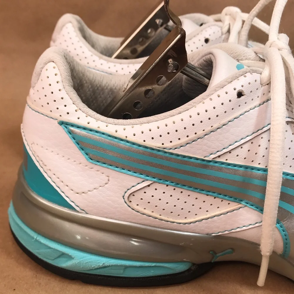 Puma White Turquoise Silver Leather Running Shoes Size 9 - Picture 9 of 16